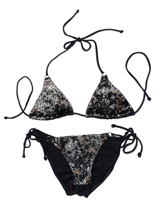Other - Silver black sequin triangle halter top side tie bottom bikini set